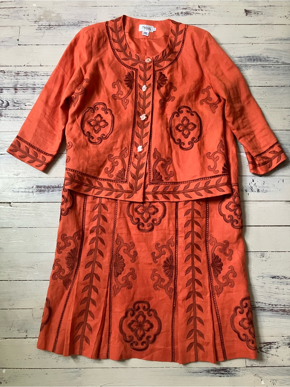 Orange Embroidered Jacket PLUS Skirt set 100% linen